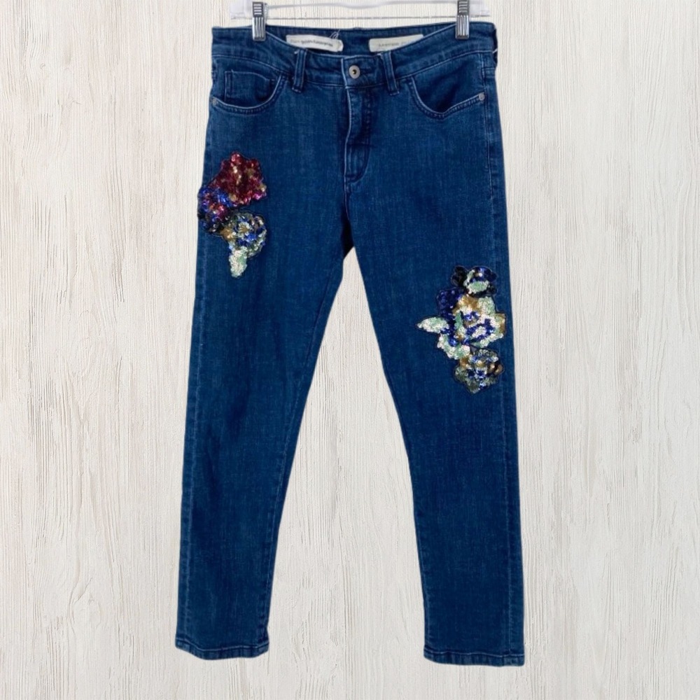 Pilcro and the Letterpress Slim Boyfriend Sequin Floral Patch Jeans Blue Size 27